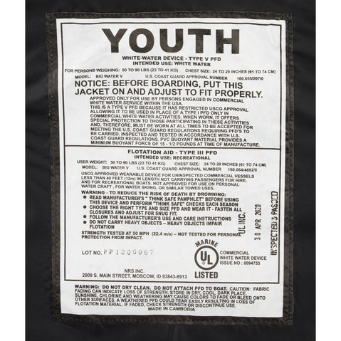 NRS Big Water V Youth Rafting Lifejacket (PFD) Youth_UL