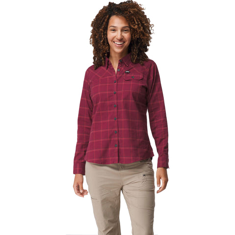 NRS Women's Campfire Flannel Shirt in Cabernet Plaid model front