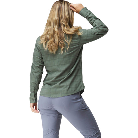 NRS Women's Campfire Flannel Shirt in Juniper Plaid model back