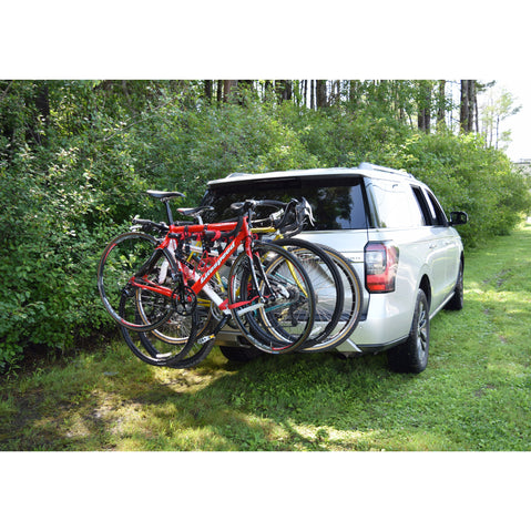 Malone Runway Max 4 Bike Hitch Rack with bikes loaded angle view