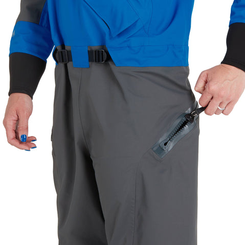 NRS Women's Explorer Semi-Dry Suit in Blue model relief zipper
