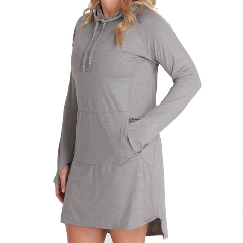 NRS Women's Silkweight Hoodie Dress in Sharkskin model frontcrop