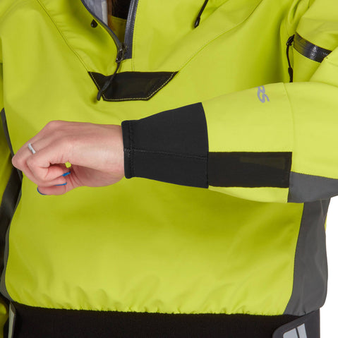 NRS Women's Orion Paddling Jacket in Lime model wrist drain