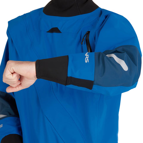 NRS Men's Foray Dry Suit in Blue model wrist drain