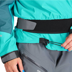 NRS Women's Helium Paddling Jacket in Mediterranea/Aqua model drawstring