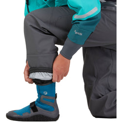 NRS Women's Navigator GORE-TEX Pro Semi-Dry Suit in Aqua model ankle