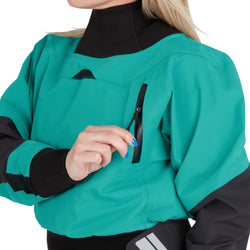 NRS Women's Flux Dry Top in Jade model pocket zipper