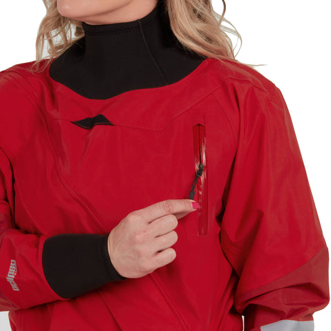 NRS Women's Foray Drysuit in Red chest pocket