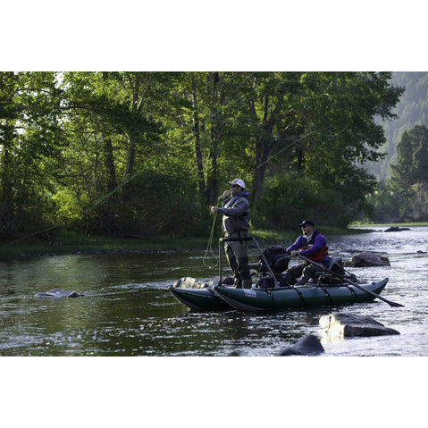 Outcast PAC 1200 Pro Series Pontoon Boat On A River With Paddlers Fishing