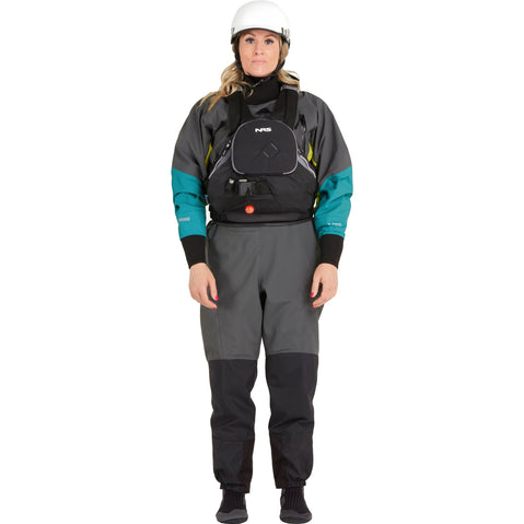 NRS Women's Pivot Dry Suit in Jade/Lime model frontPFD