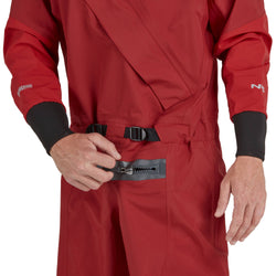 NRS Men's Explorer Semi-Dry Suit in Red model relief zipper