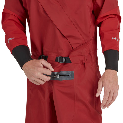 NRS Men's Explorer Semi-Dry Suit in Red model relief zipper
