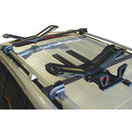 Malone SeaWing Kayak Carrier with Stinger Load Assist Combo installed on a car back view