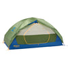 Marmot Tungsten 3 Person Backpacking Tent in Foliage/Dark Azure with vestibule open