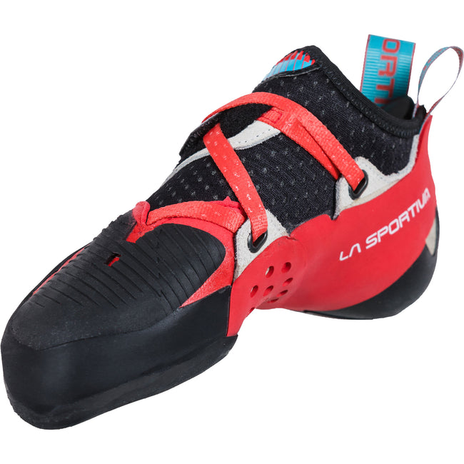 La Sportiva Women's Solution Comp Rock Climbing Shoes in Hibiscus/Malibu Blue left